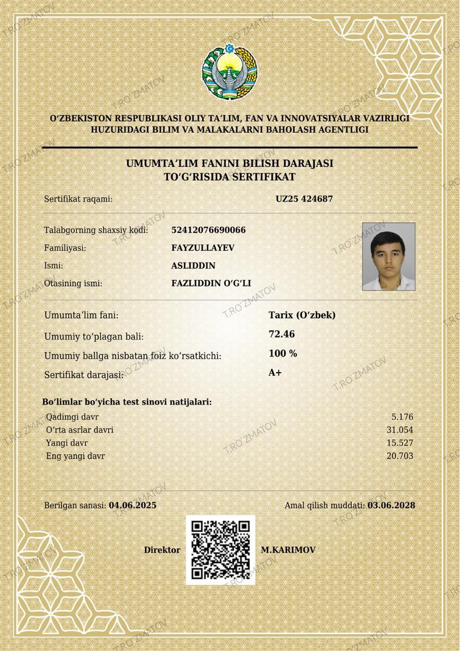 Certificate of Asliddin Fayzullayev
