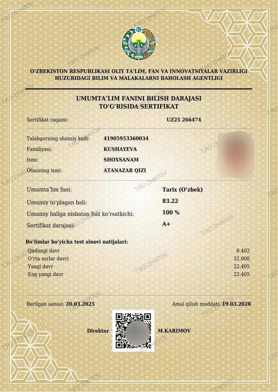 Certificate of Kushayeva Shoxsanam