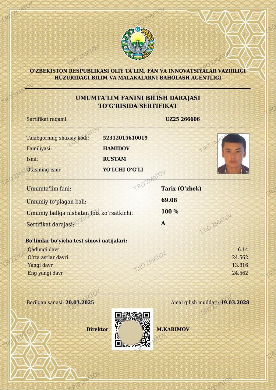 Certificate of Hamidov Rustam