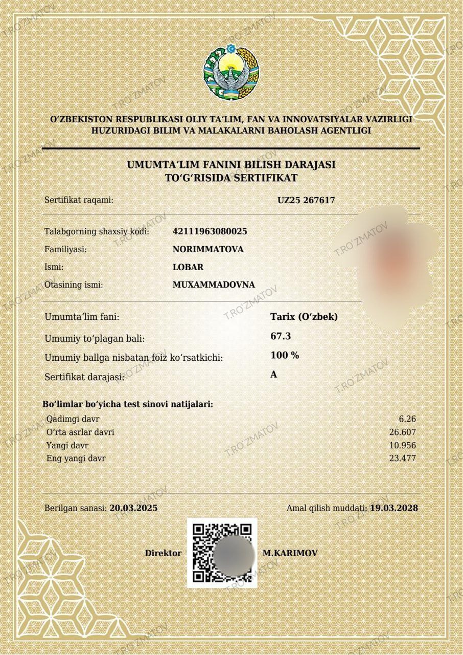 Certificate of Norimmatova Lobar