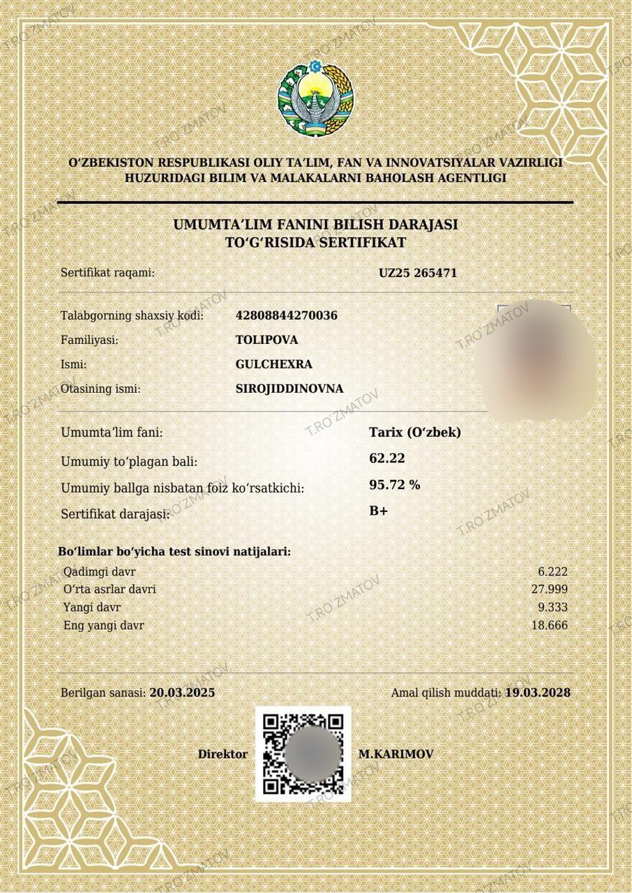 Certificate of Tolipova Gulchehra