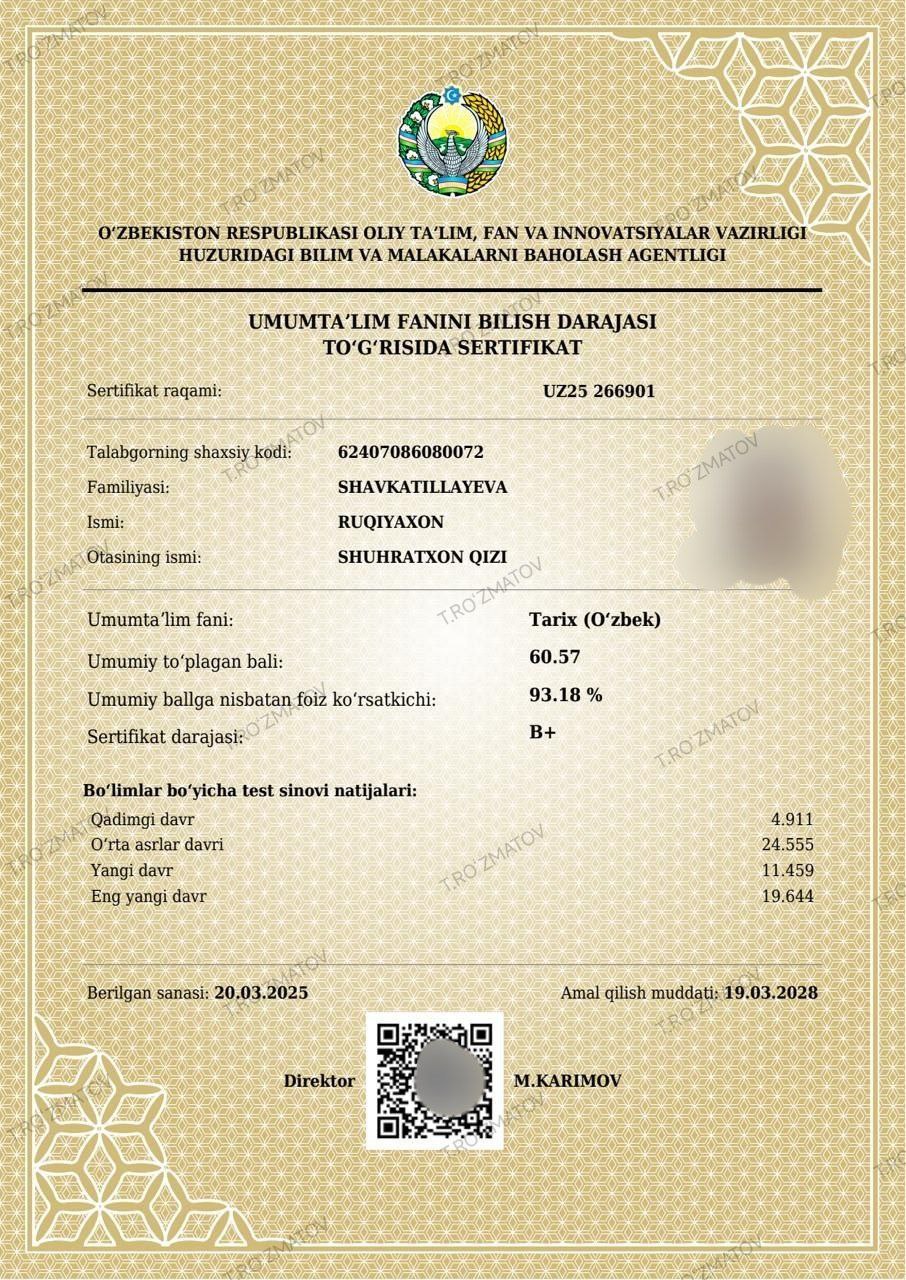 Certificate of Shavkatillayeva Ruqiyaxon