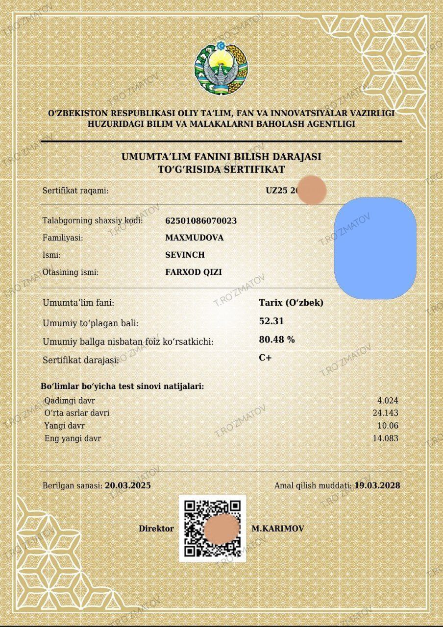 Certificate of Mahmudova Sevinch 