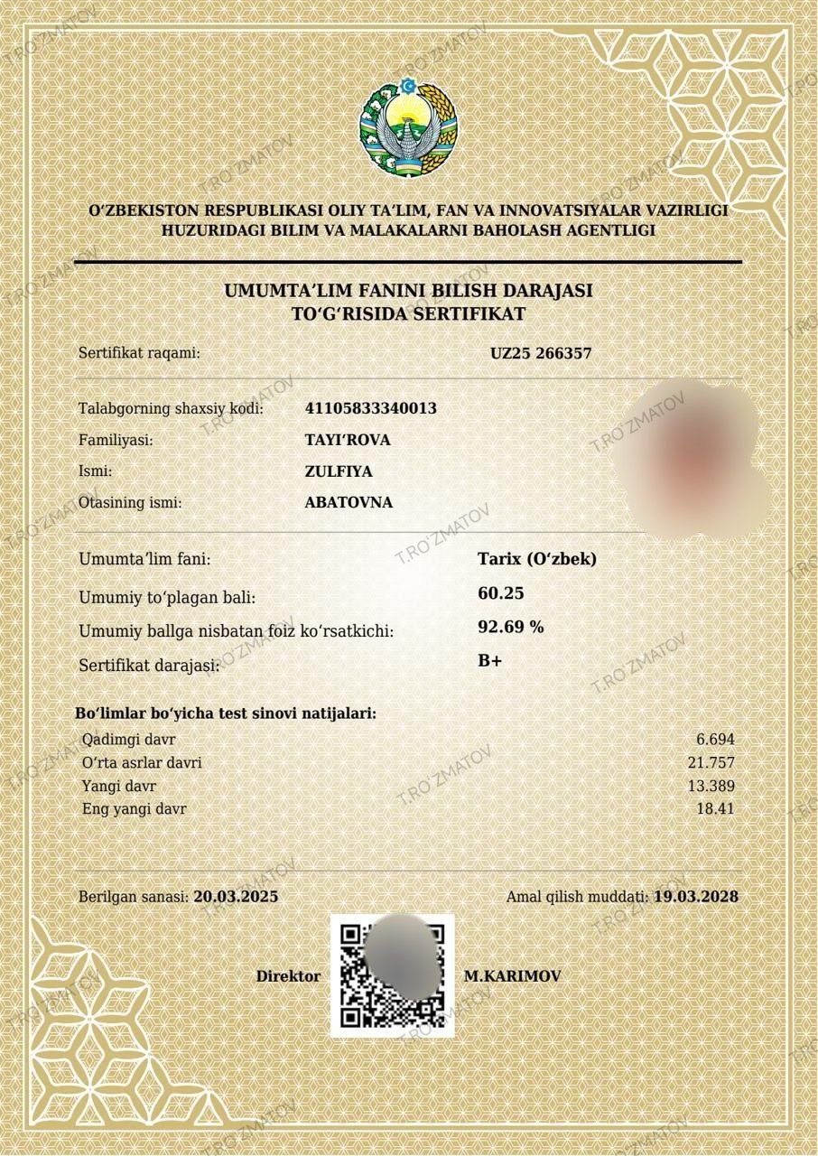 Certificate of Tayirova Zulfya