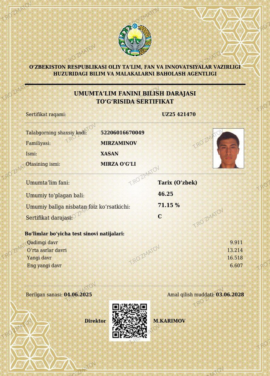 Certificate of Hasan Mirzaminov