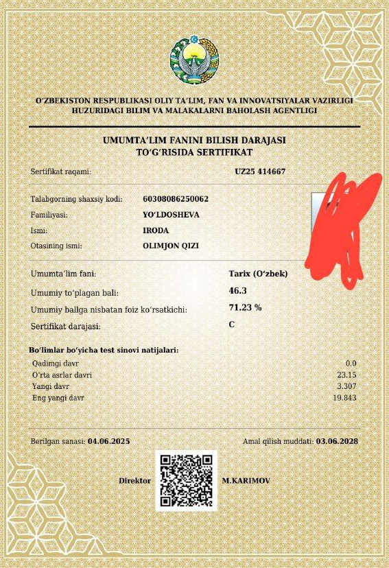 Certificate of Iroda Yo'ldosheva 