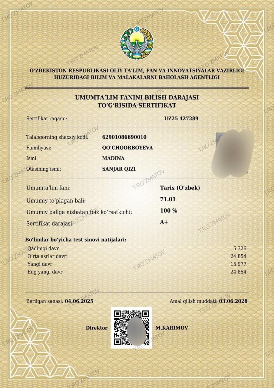 Certificate of Madina Qo'chqorboyeva