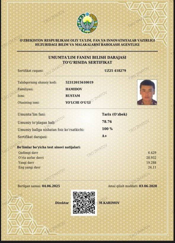 Certificate of Rustam Hamidov