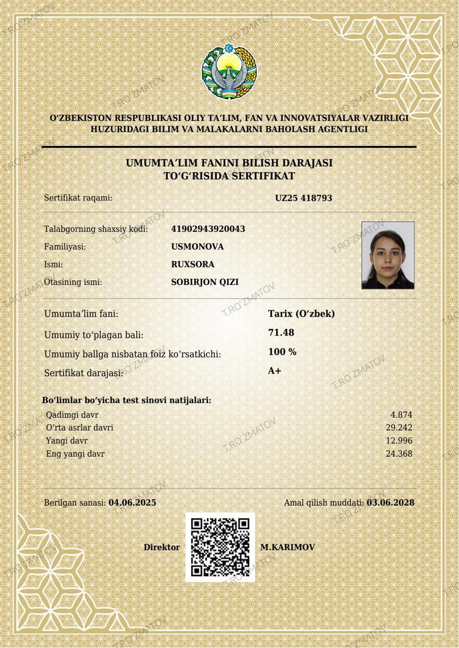 Certificate of Ruxsora Usmonova