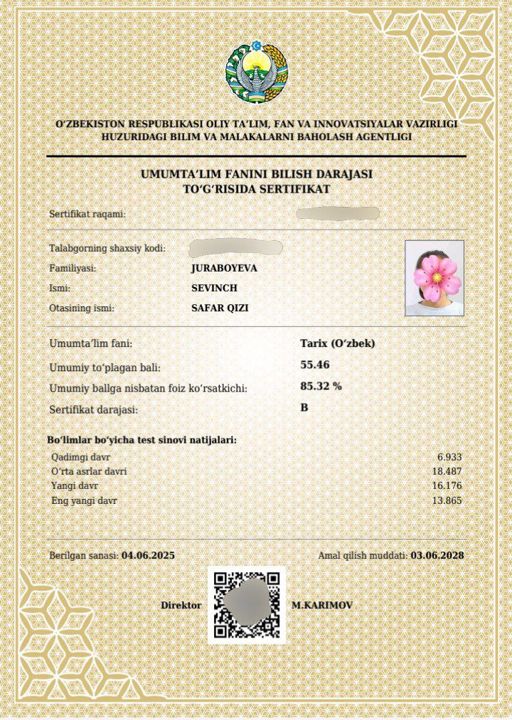 Certificate of Sevinch Jo'raboyeva