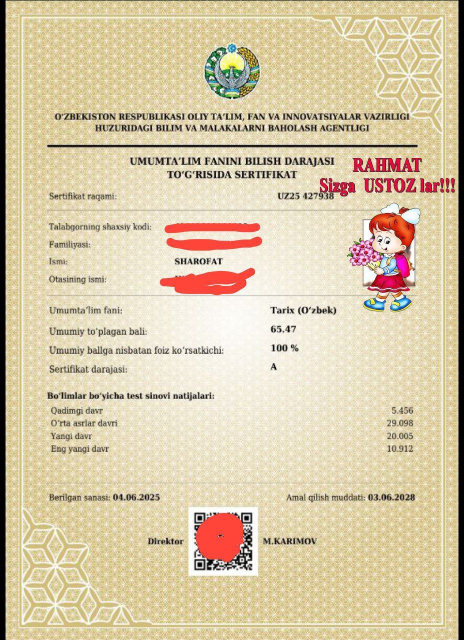 Certificate of Sharofat opa