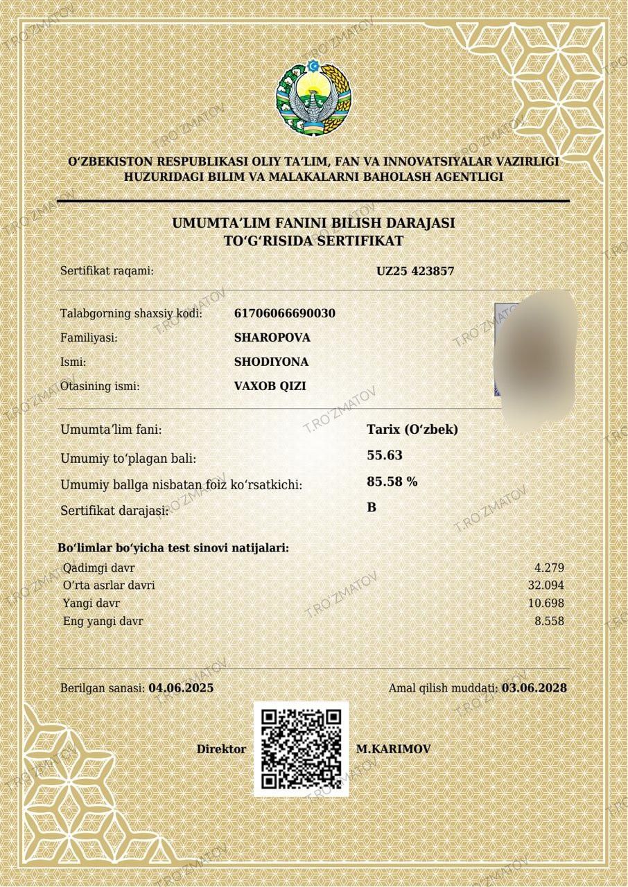 Certificate of Shodiyona Sharopova