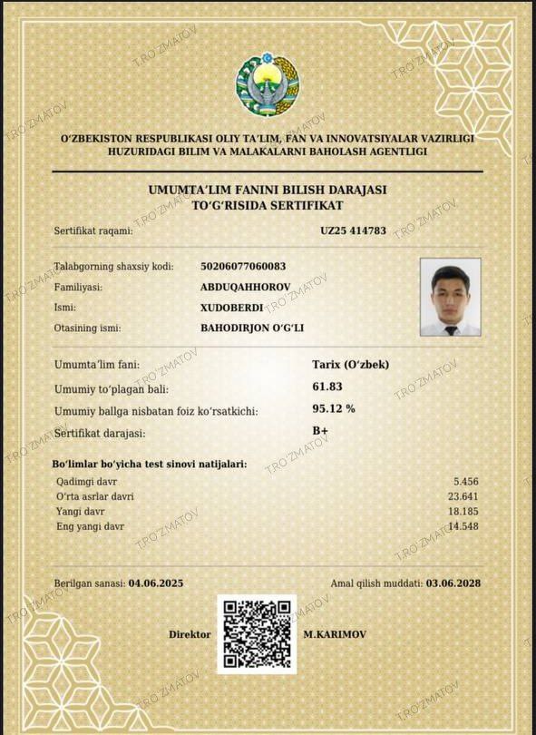 Certificate of Xudoberdi Abduqahhorov